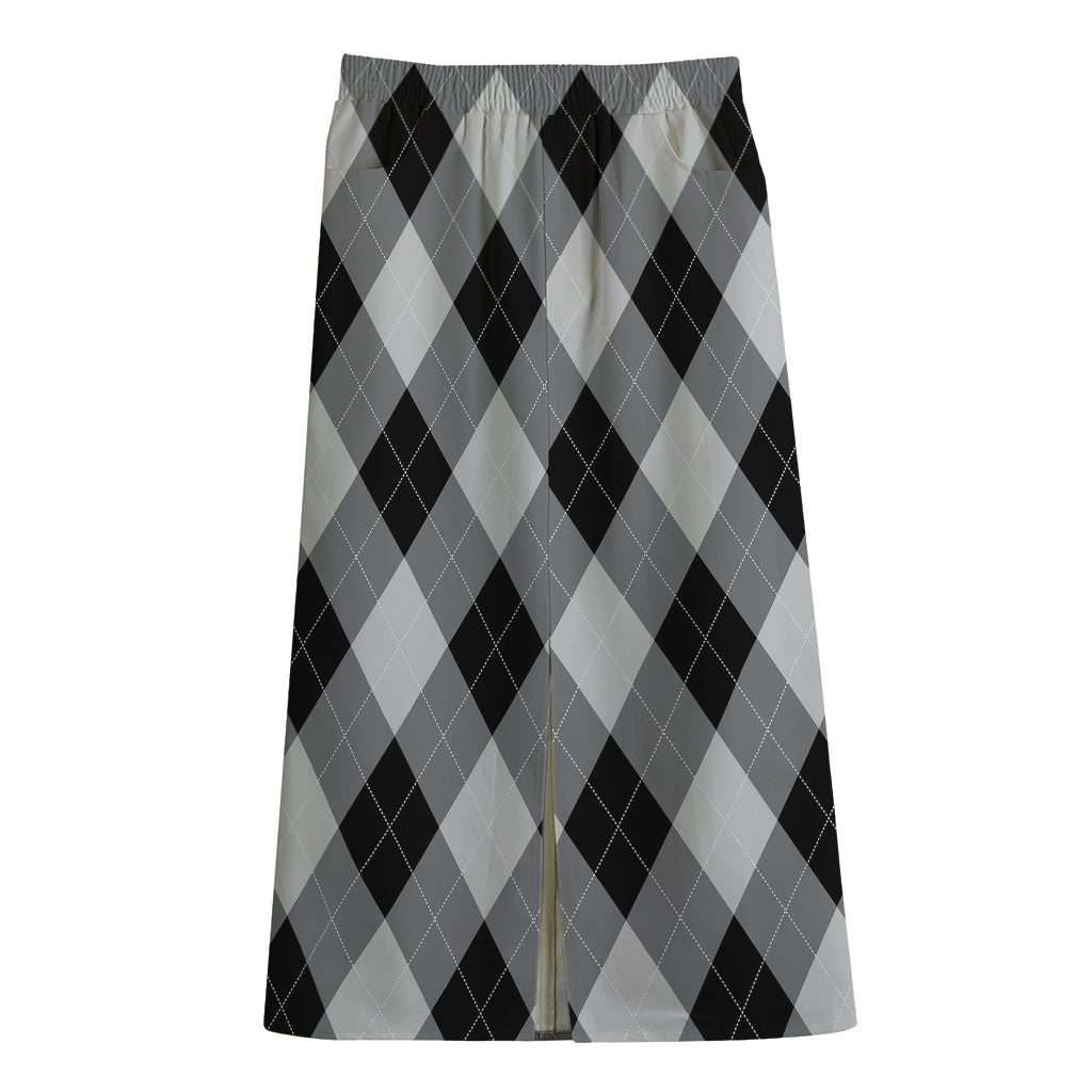 Grey And Black Argyle Pattern Print Cotton Front Slit Maxi Skirt
