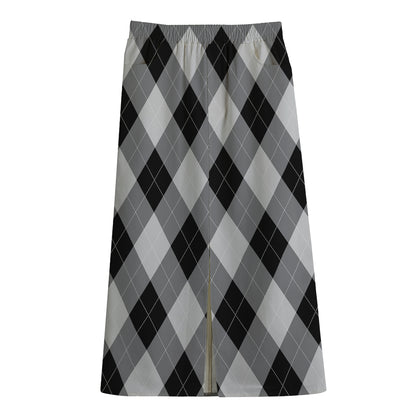 Grey And Black Argyle Pattern Print Cotton Front Slit Maxi Skirt