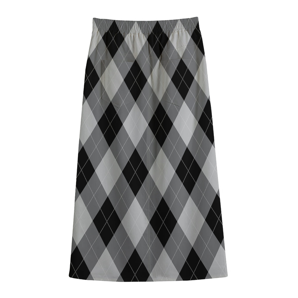 Grey And Black Argyle Pattern Print Cotton Front Slit Maxi Skirt