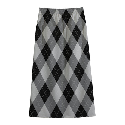 Grey And Black Argyle Pattern Print Cotton Front Slit Maxi Skirt