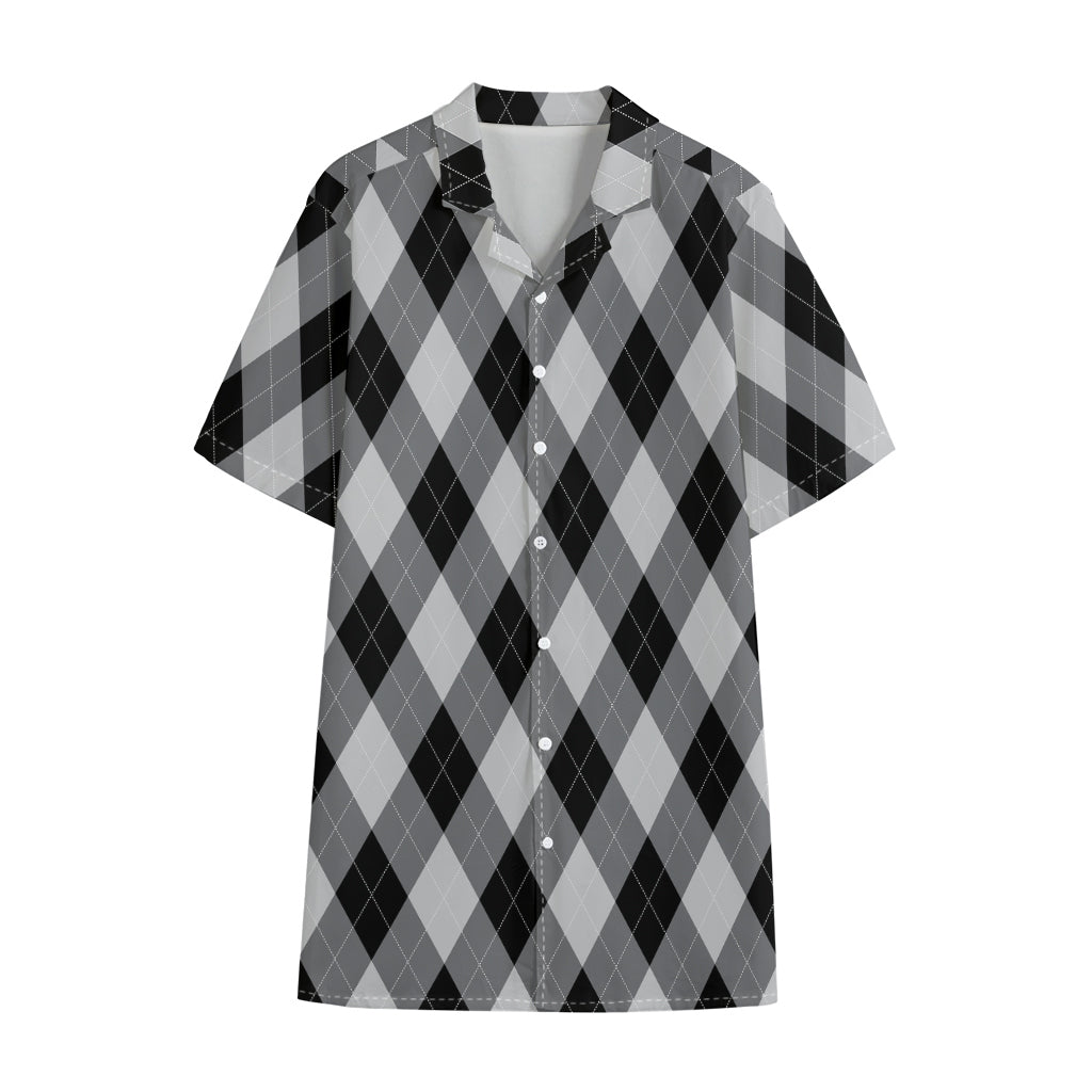 Grey And Black Argyle Pattern Print Cotton Hawaiian Shirt