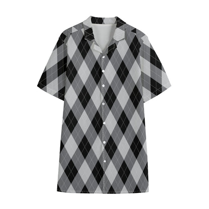 Grey And Black Argyle Pattern Print Cotton Hawaiian Shirt