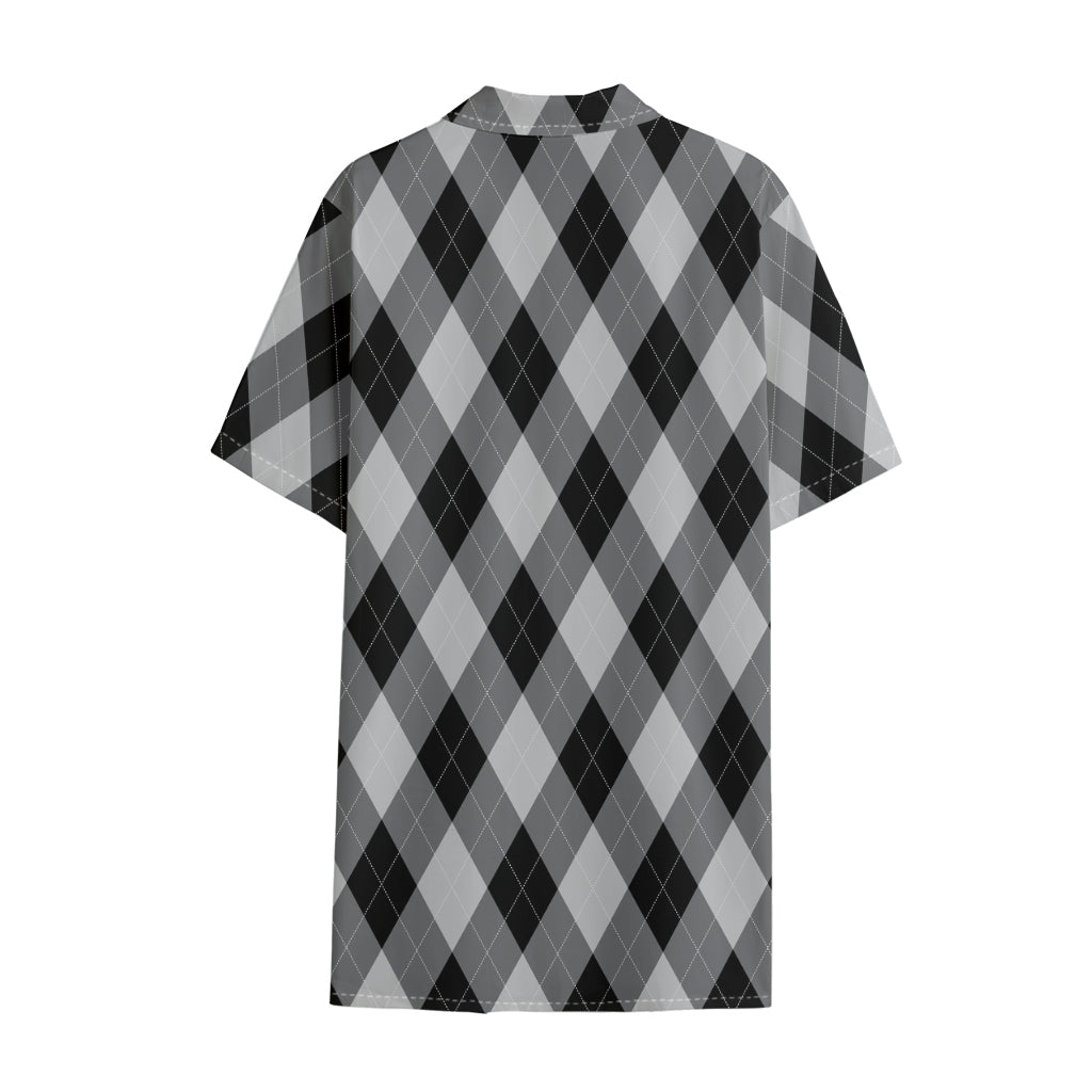 Grey And Black Argyle Pattern Print Cotton Hawaiian Shirt