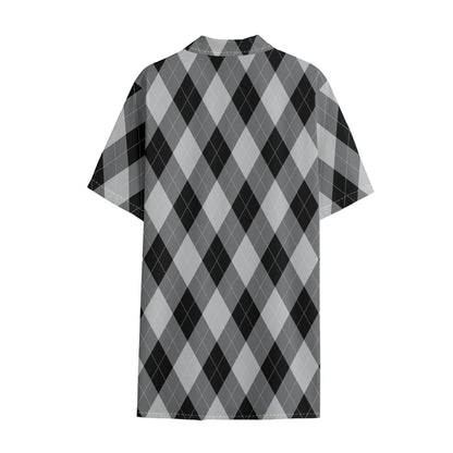 Grey And Black Argyle Pattern Print Cotton Hawaiian Shirt