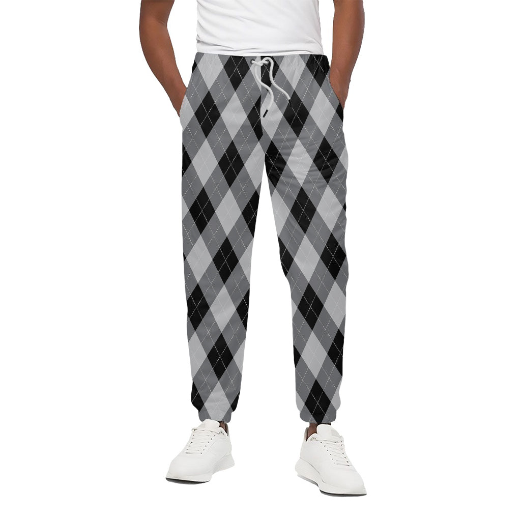 Grey And Black Argyle Pattern Print Cotton Pants