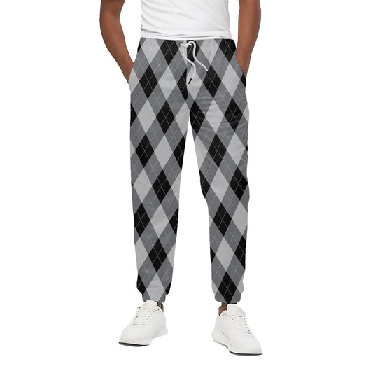 Grey And Black Argyle Pattern Print Cotton Pants