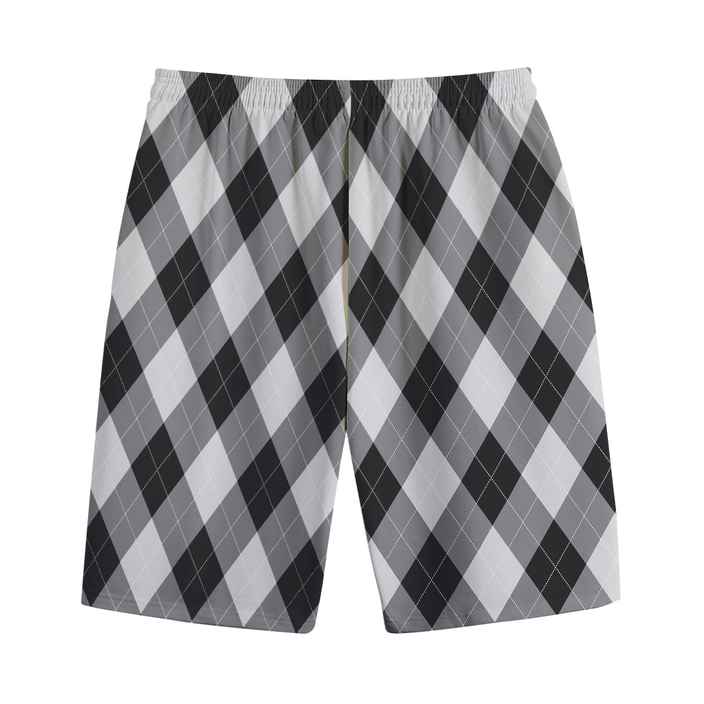 Grey And Black Argyle Pattern Print Cotton Shorts