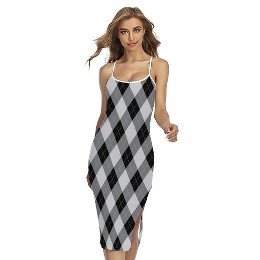 Grey And Black Argyle Pattern Print Cross Back Cami Dress