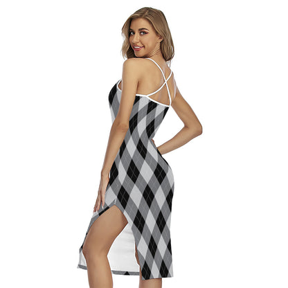 Grey And Black Argyle Pattern Print Cross Back Cami Dress