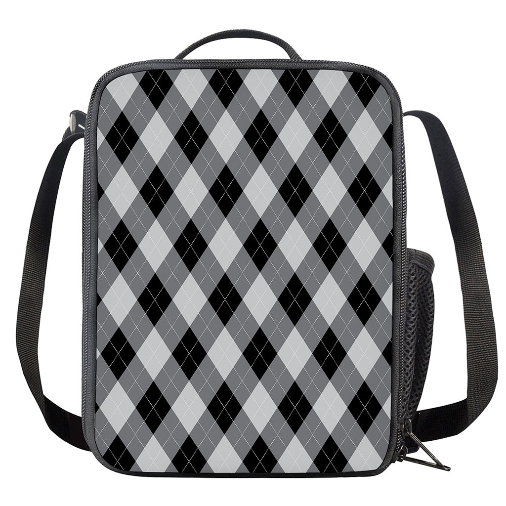 Grey And Black Argyle Pattern Print Crossbody Lunch Bag