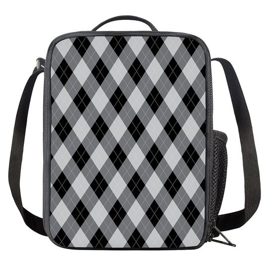 Grey And Black Argyle Pattern Print Crossbody Lunch Bag
