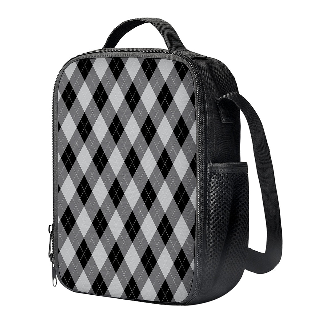 Grey And Black Argyle Pattern Print Crossbody Lunch Bag