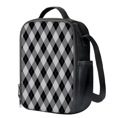 Grey And Black Argyle Pattern Print Crossbody Lunch Bag