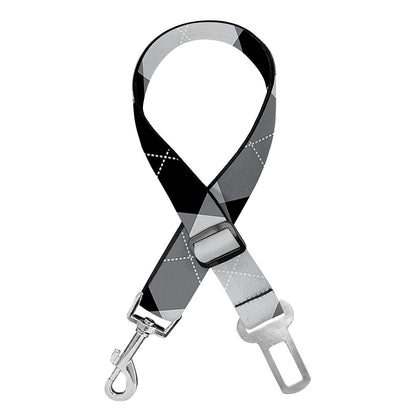 Grey And Black Argyle Pattern Print Dog Seat Belt