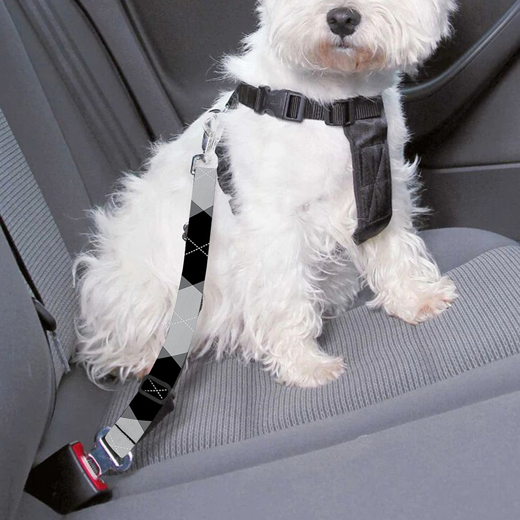 Grey And Black Argyle Pattern Print Dog Seat Belt