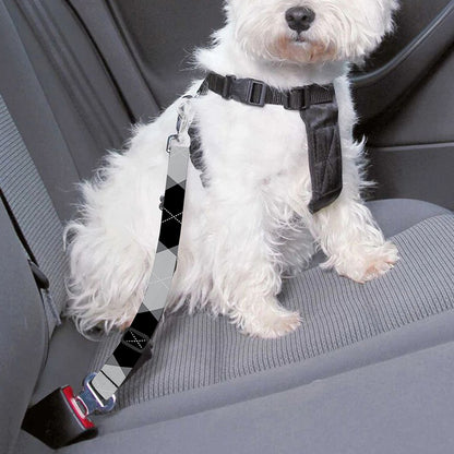 Grey And Black Argyle Pattern Print Dog Seat Belt