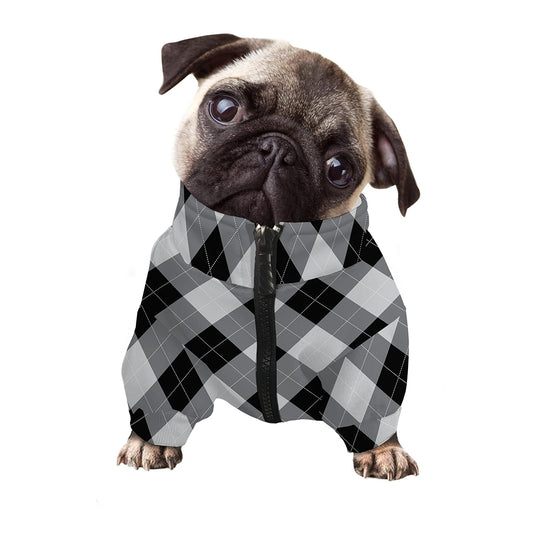 Grey And Black Argyle Pattern Print Dog Zip Up Jacket