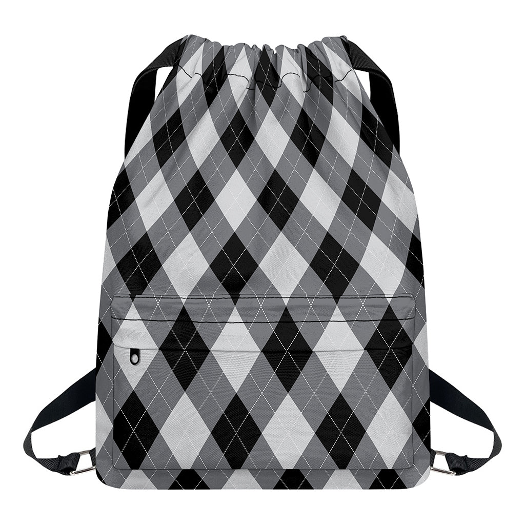 Grey And Black Argyle Pattern Print Drawstring Backpack