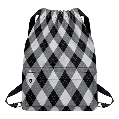 Grey And Black Argyle Pattern Print Drawstring Backpack