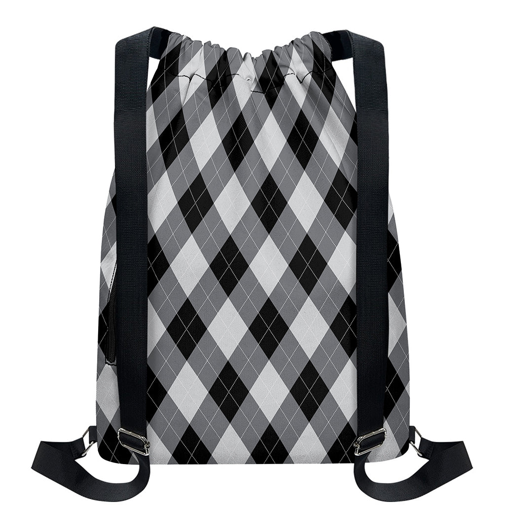 Grey And Black Argyle Pattern Print Drawstring Backpack