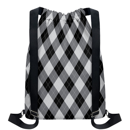 Grey And Black Argyle Pattern Print Drawstring Backpack