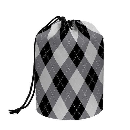 Grey And Black Argyle Pattern Print Drawstring Makeup Bag