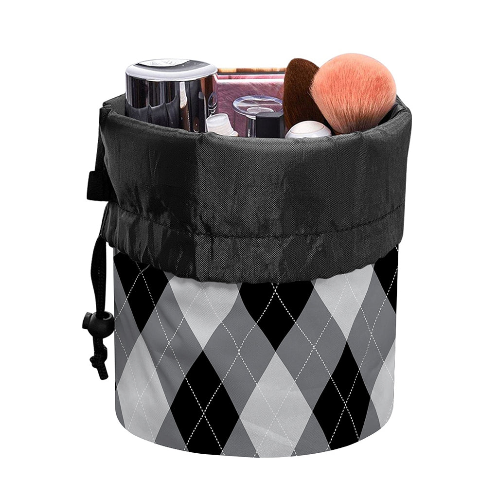 Grey And Black Argyle Pattern Print Drawstring Makeup Bag