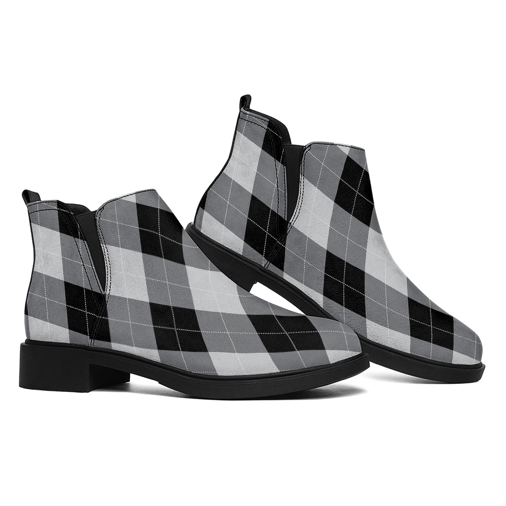 Grey And Black Argyle Pattern Print Flat Ankle Boots