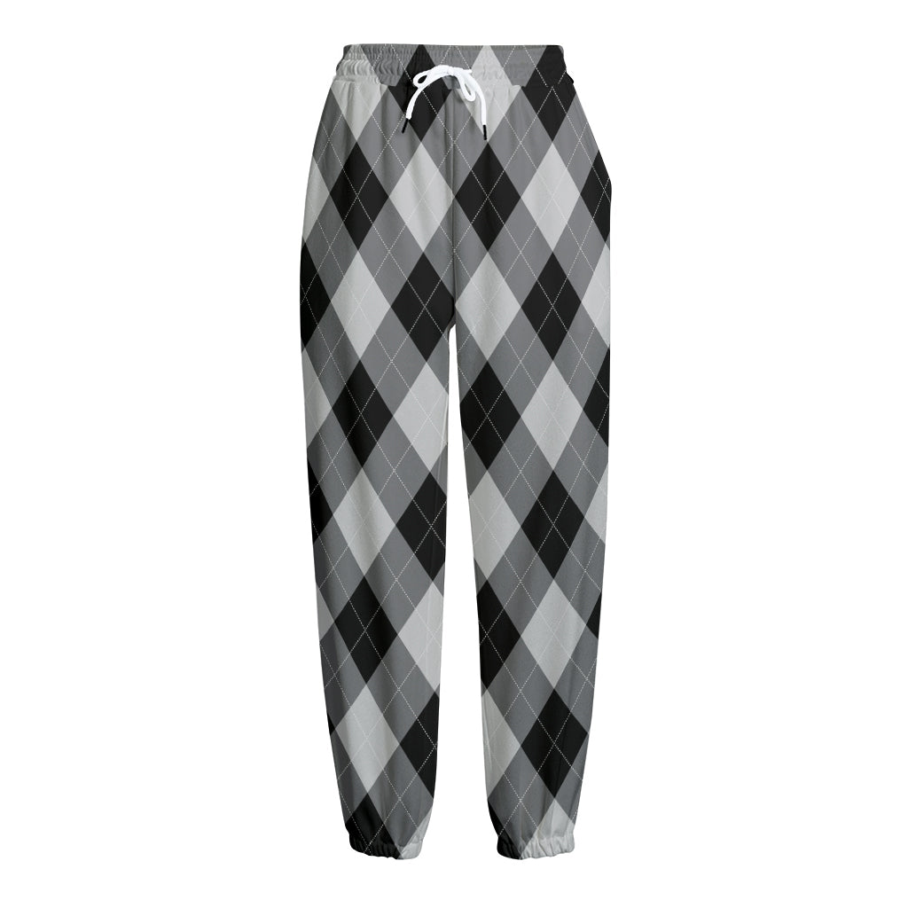 Grey And Black Argyle Pattern Print Fleece Lined Knit Pants
