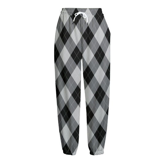 Grey And Black Argyle Pattern Print Fleece Lined Knit Pants