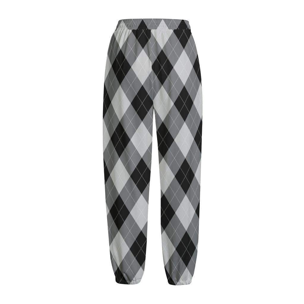 Grey And Black Argyle Pattern Print Fleece Lined Knit Pants