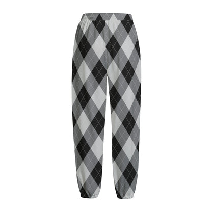 Grey And Black Argyle Pattern Print Fleece Lined Knit Pants