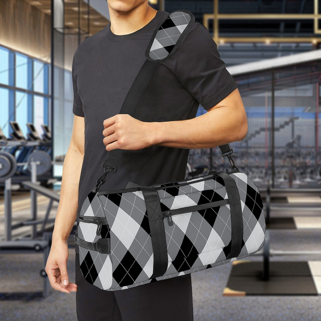 Grey And Black Argyle Pattern Print Gym Bag