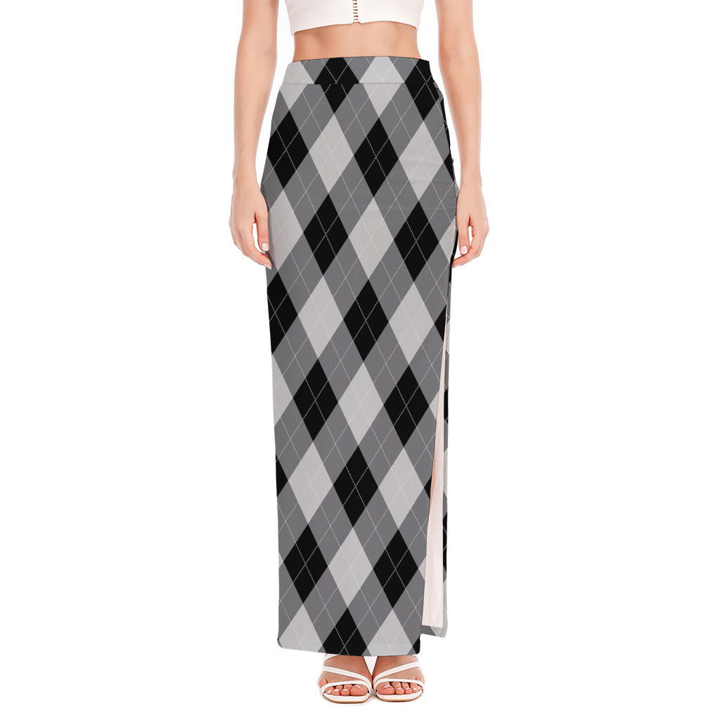 Grey And Black Argyle Pattern Print High Slit Maxi Skirt
