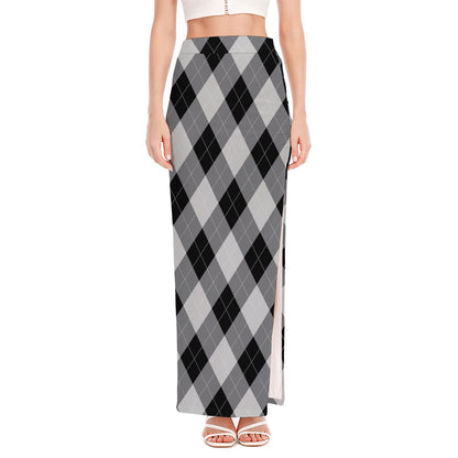 Grey And Black Argyle Pattern Print High Slit Maxi Skirt