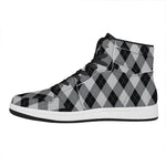 Grey And Black Argyle Pattern Print High Top Leather Sneakers