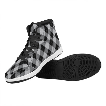Grey And Black Argyle Pattern Print High Top Leather Sneakers