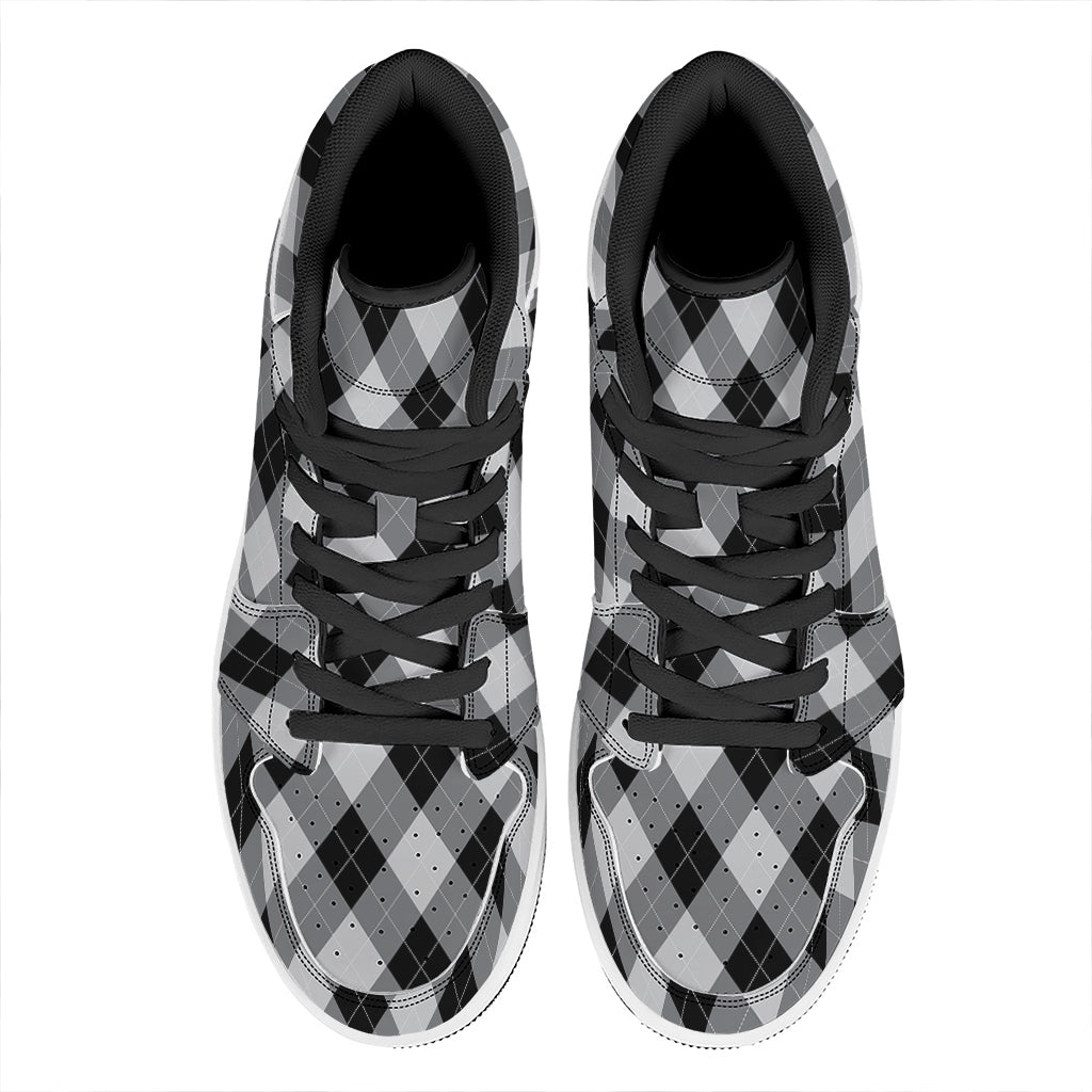 Grey And Black Argyle Pattern Print High Top Leather Sneakers