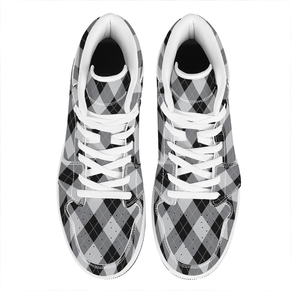 Grey And Black Argyle Pattern Print High Top Leather Sneakers