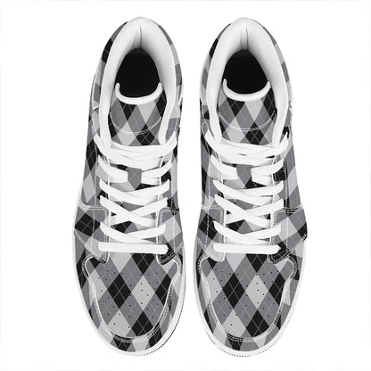 Grey And Black Argyle Pattern Print High Top Leather Sneakers