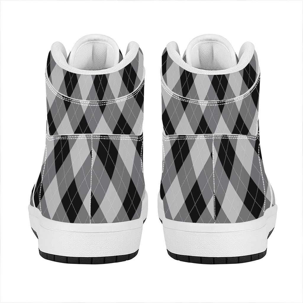 Grey And Black Argyle Pattern Print High Top Leather Sneakers