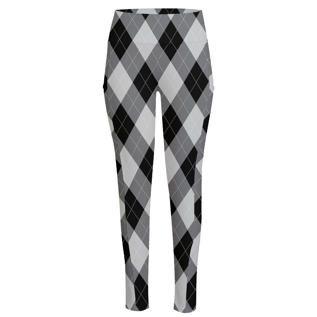 Grey And Black Argyle Pattern Print High-Waisted Pocket Leggings