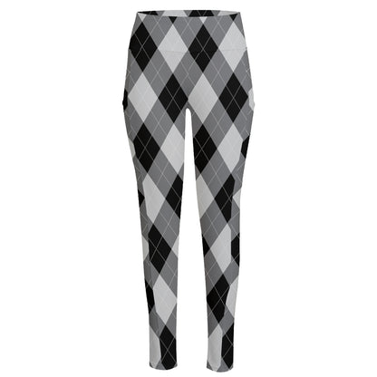 Grey And Black Argyle Pattern Print High-Waisted Pocket Leggings