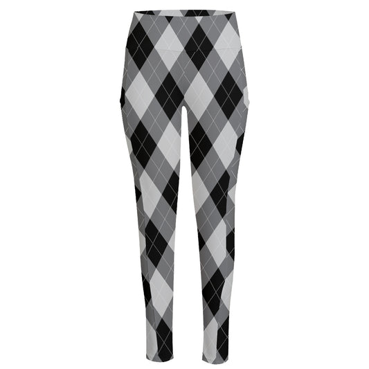 Grey And Black Argyle Pattern Print High-Waisted Pocket Leggings