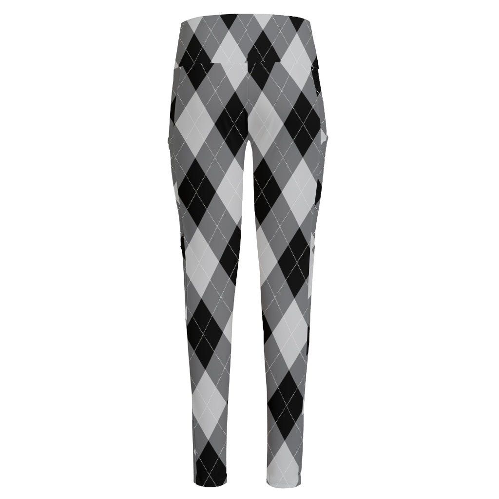 Grey And Black Argyle Pattern Print High-Waisted Pocket Leggings