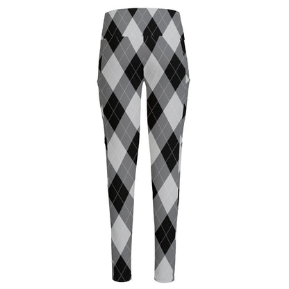 Grey And Black Argyle Pattern Print High-Waisted Pocket Leggings