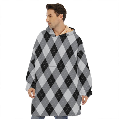 Grey And Black Argyle Pattern Print Hoodie Blanket