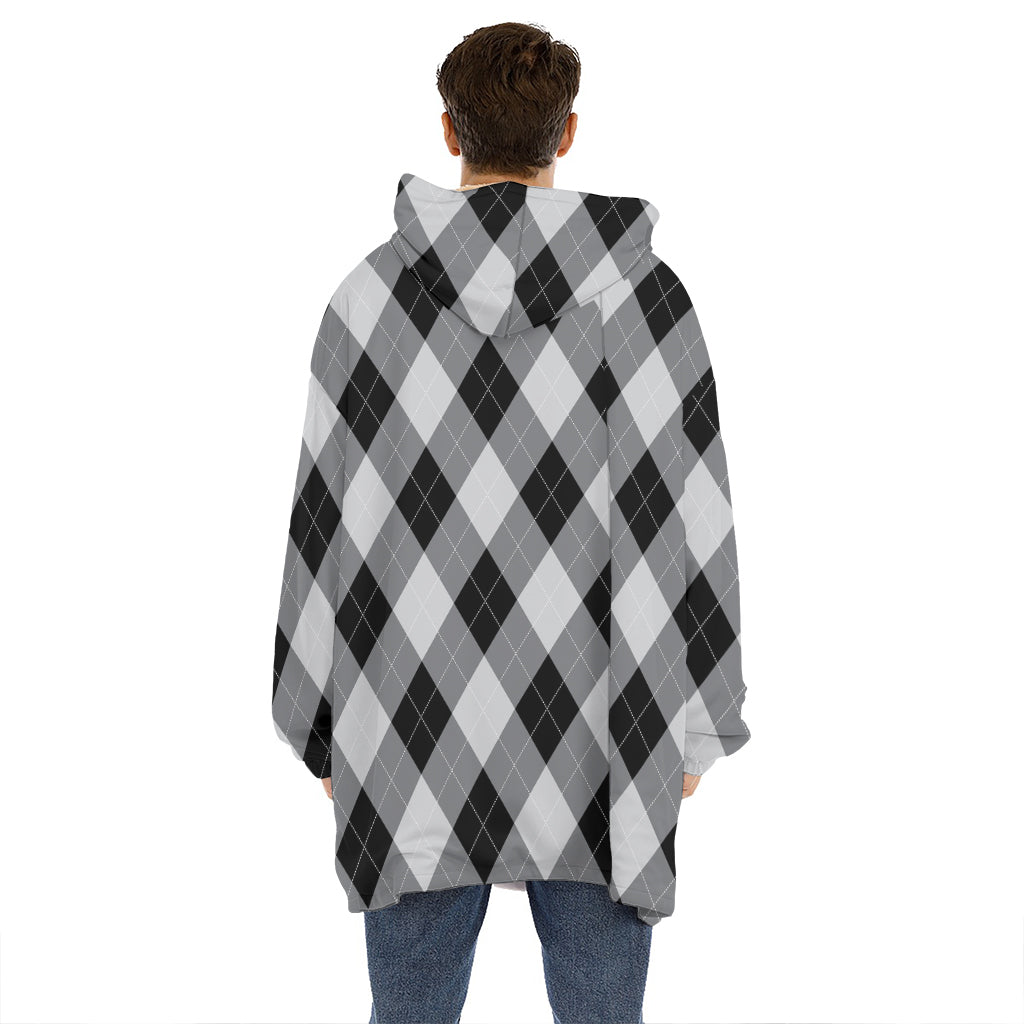 Grey And Black Argyle Pattern Print Hoodie Blanket