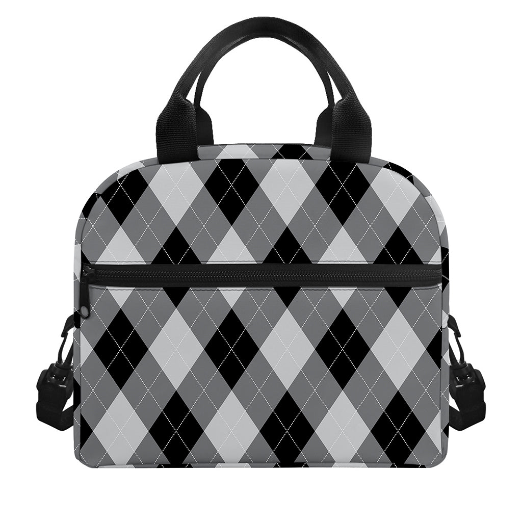 Grey And Black Argyle Pattern Print Insulated Lunch Bag