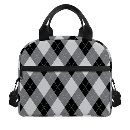 Grey And Black Argyle Pattern Print Insulated Lunch Bag